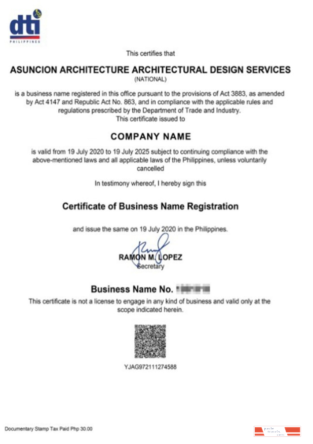 Philippines Certificate of Business Name Registration